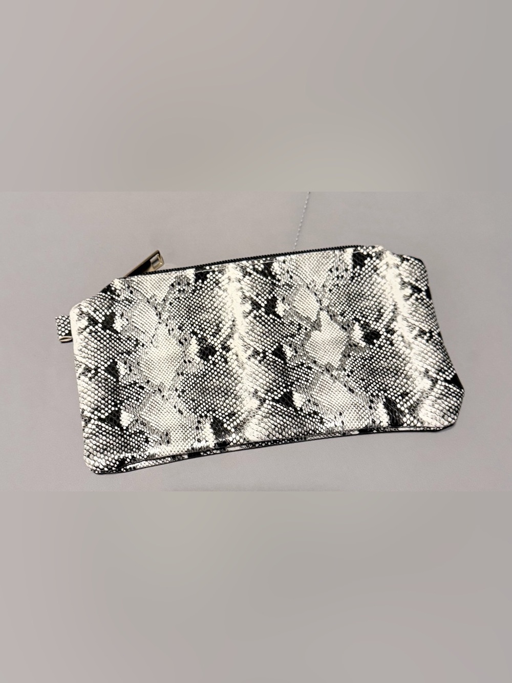 Snake-Print Zip Pouch Clutch in Black & White